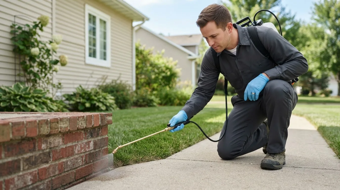 Pest control technician treating a home near Aurelia, IA